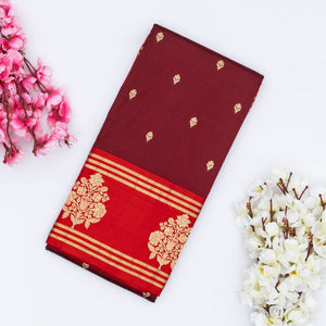 Maroon Handloom Banarasi Silk Saree With Floral Buttas & Red Border