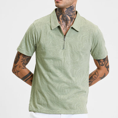 Light Green Self-Design Zipper Polo T-Shirt