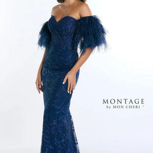 Montage M525 Fitted Long Formal Detachable Feather Sleeves Evening Dress