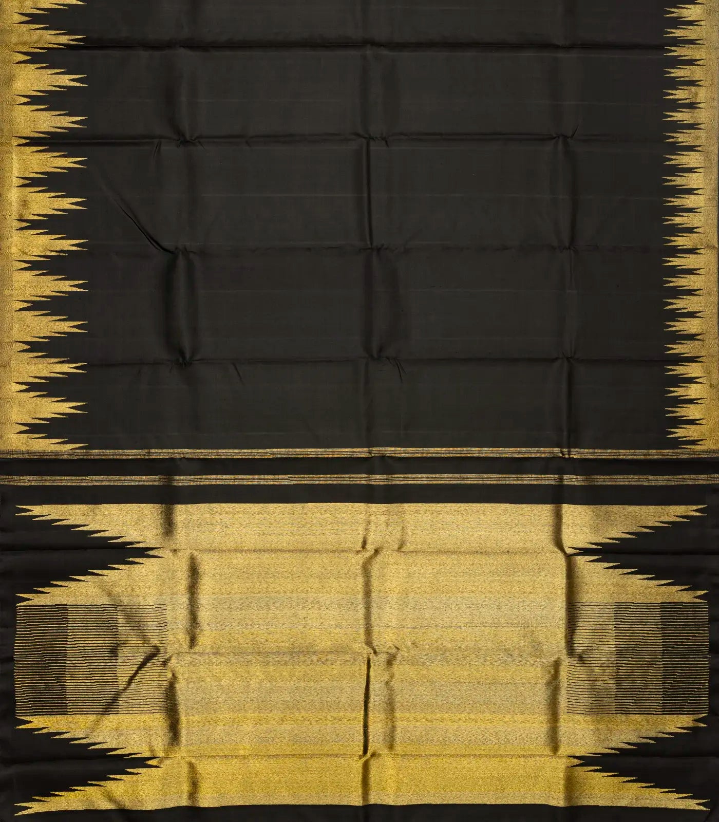 Black Handloom Kanchipuram Silk Saree With Temple Zari Border