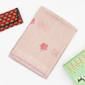 Baby Pink Handwoven Linen Saree With Floral Print