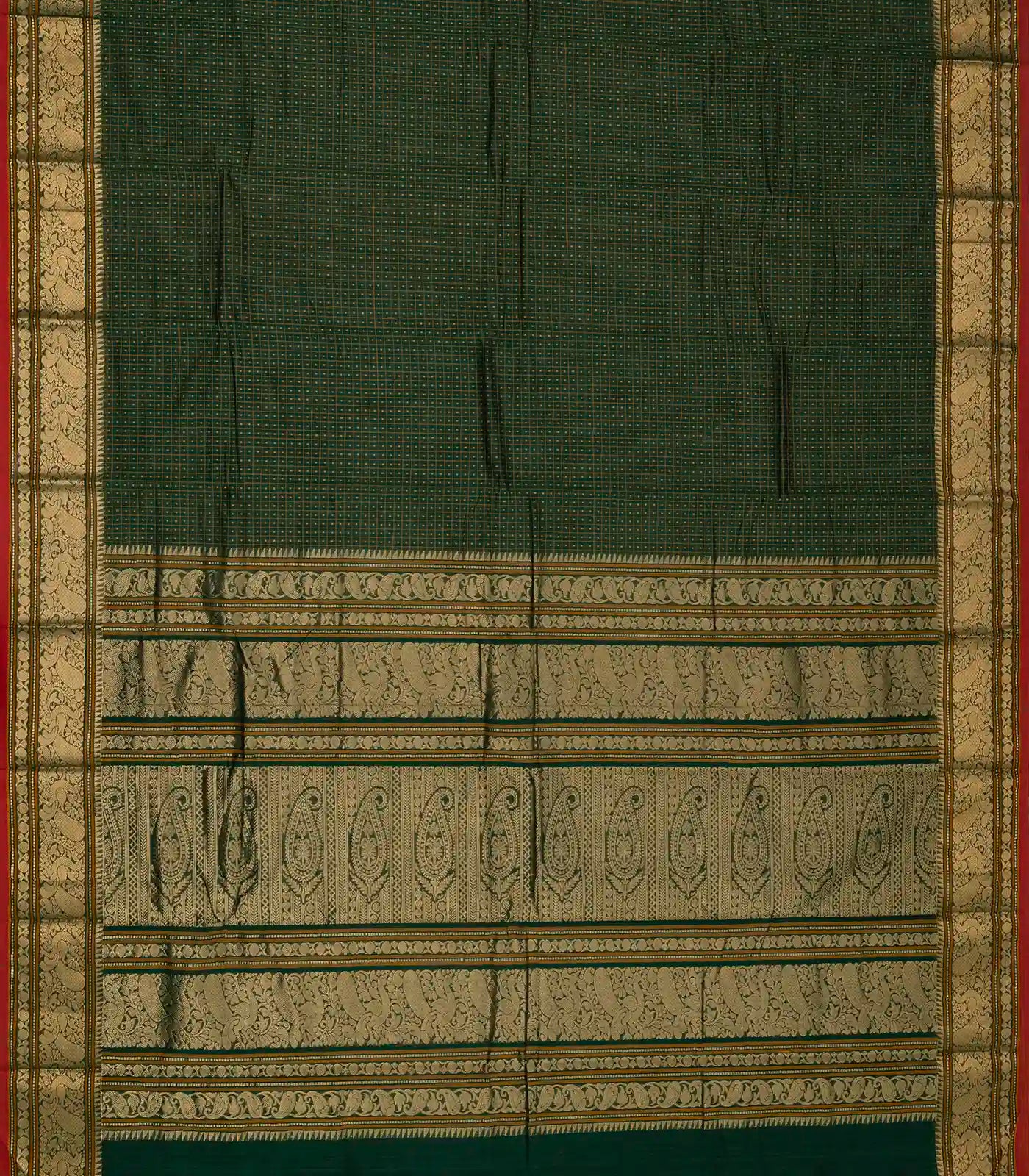 Dark Green Handloom Kanchi Cotton Saree With Checks