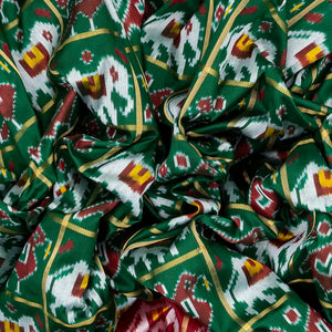 Green Handloom Ikat Silk Saree With Contrast Crimson Border