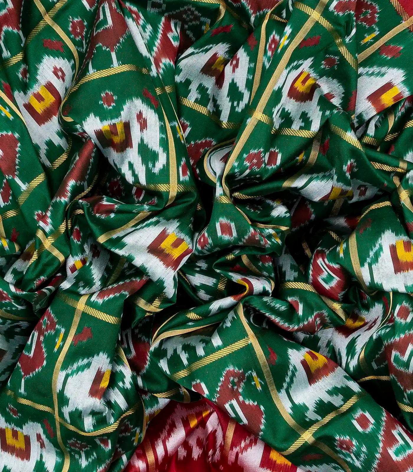 Green Handloom Ikat Silk Saree With Contrast Crimson Border