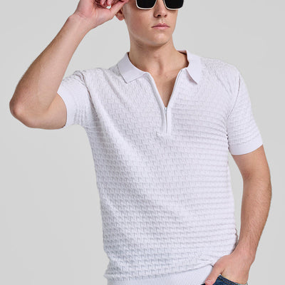 White Zipper Knitted Polo T-Shirt