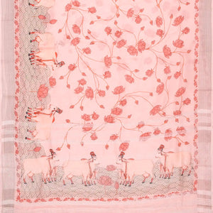 Bubblegum Pink Handloom Linen Saree With Printed Cow Motifs