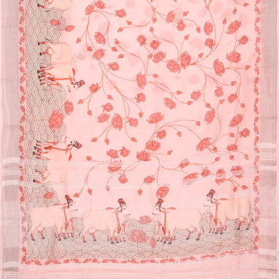 Bubblegum Pink Handloom Linen Saree With Printed Cow Motifs