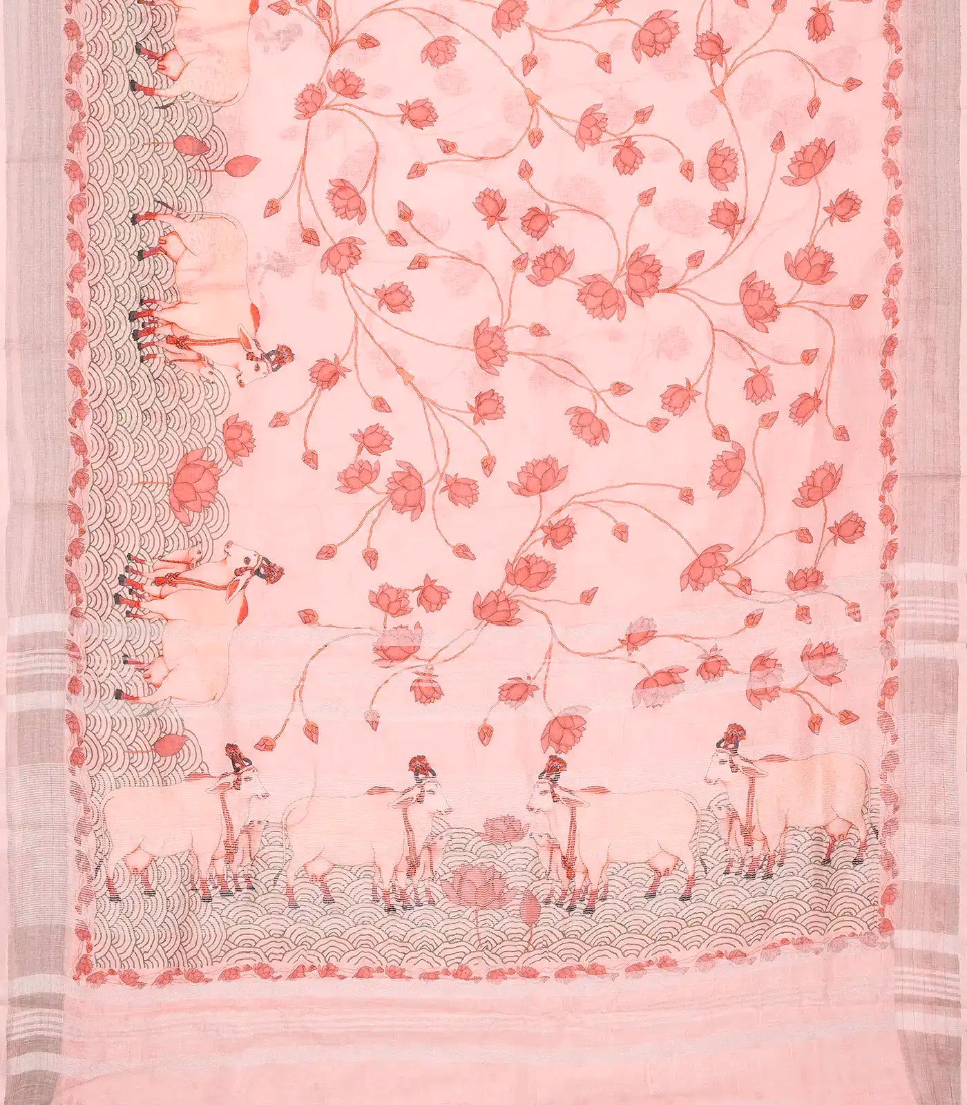 Bubblegum Pink Handloom Linen Saree With Printed Cow Motifs