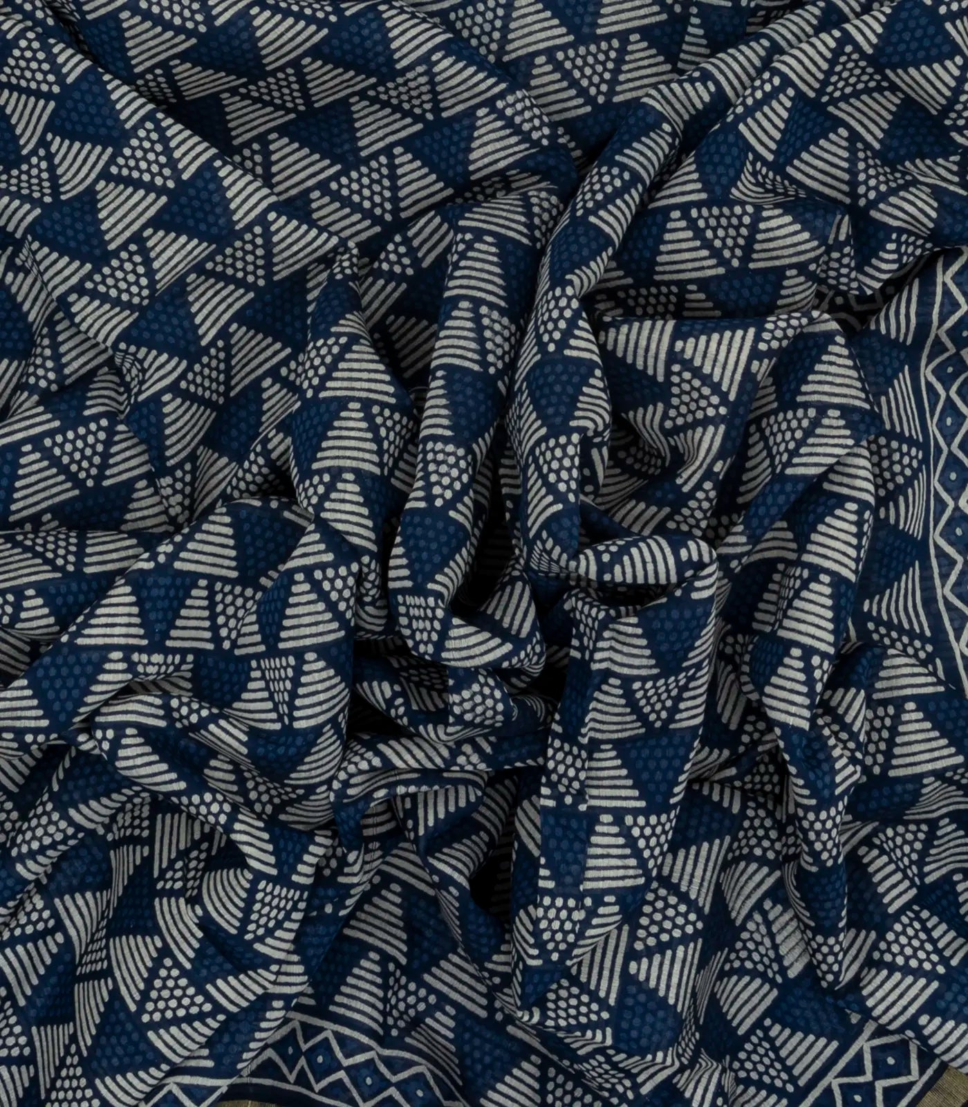 Indigo Woven Jaipur Cotton Saree With Printed Triangle Motifs