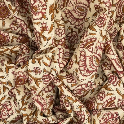 Beige Jaipur Cotton Saree Printed With Pink Floral Motifs