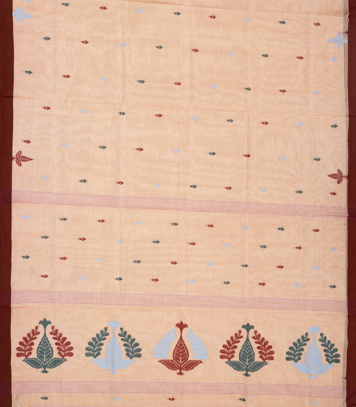 Light Peach Bengal Cotton Saree With Floral Motifs