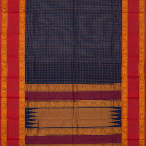 Navy Blue Handloom Kanchi Cotton Saree With Crimson Border