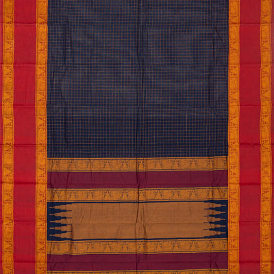 Navy Blue Handloom Kanchi Cotton Saree With Crimson Border