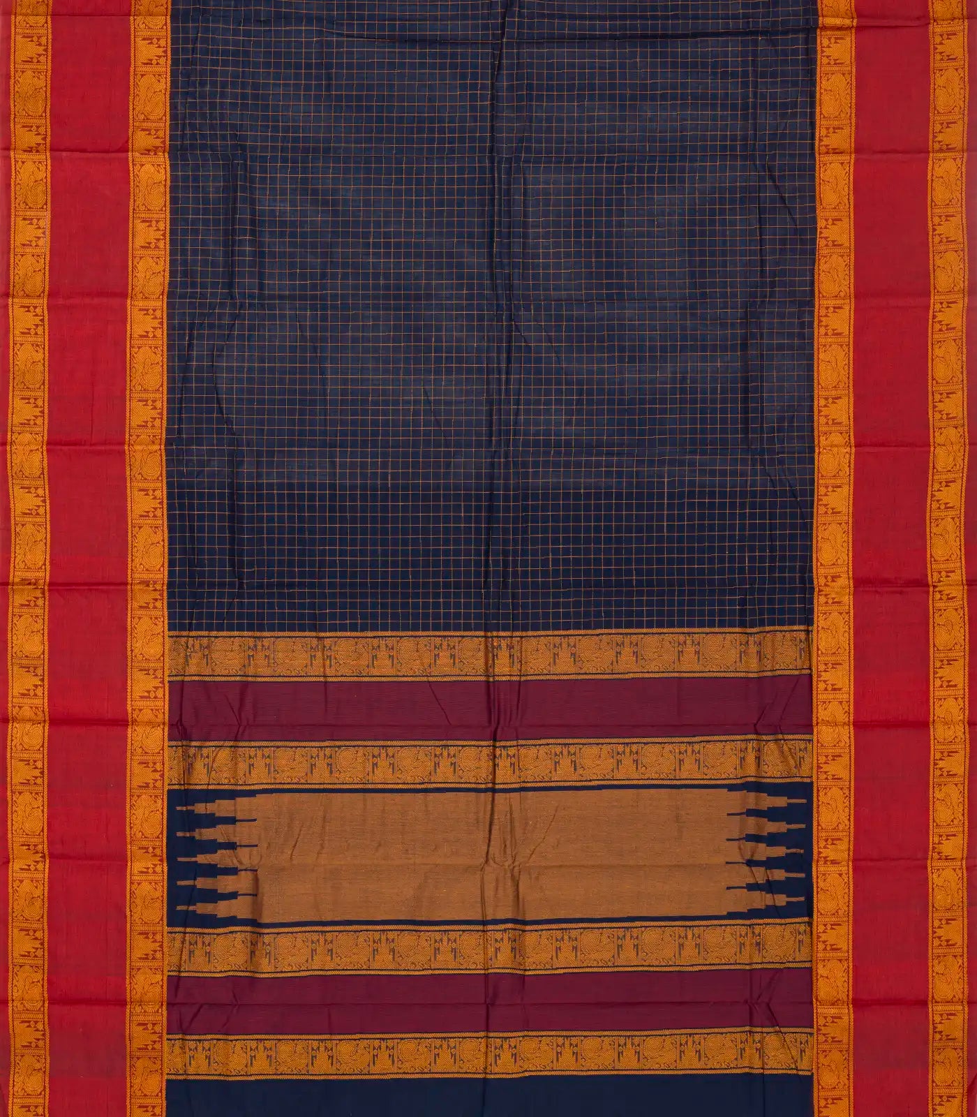 Navy Blue Handloom Kanchi Cotton Saree With Crimson Border