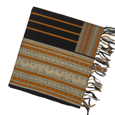 Black Handloom Silk Cotton Saree With Beldari Stripes