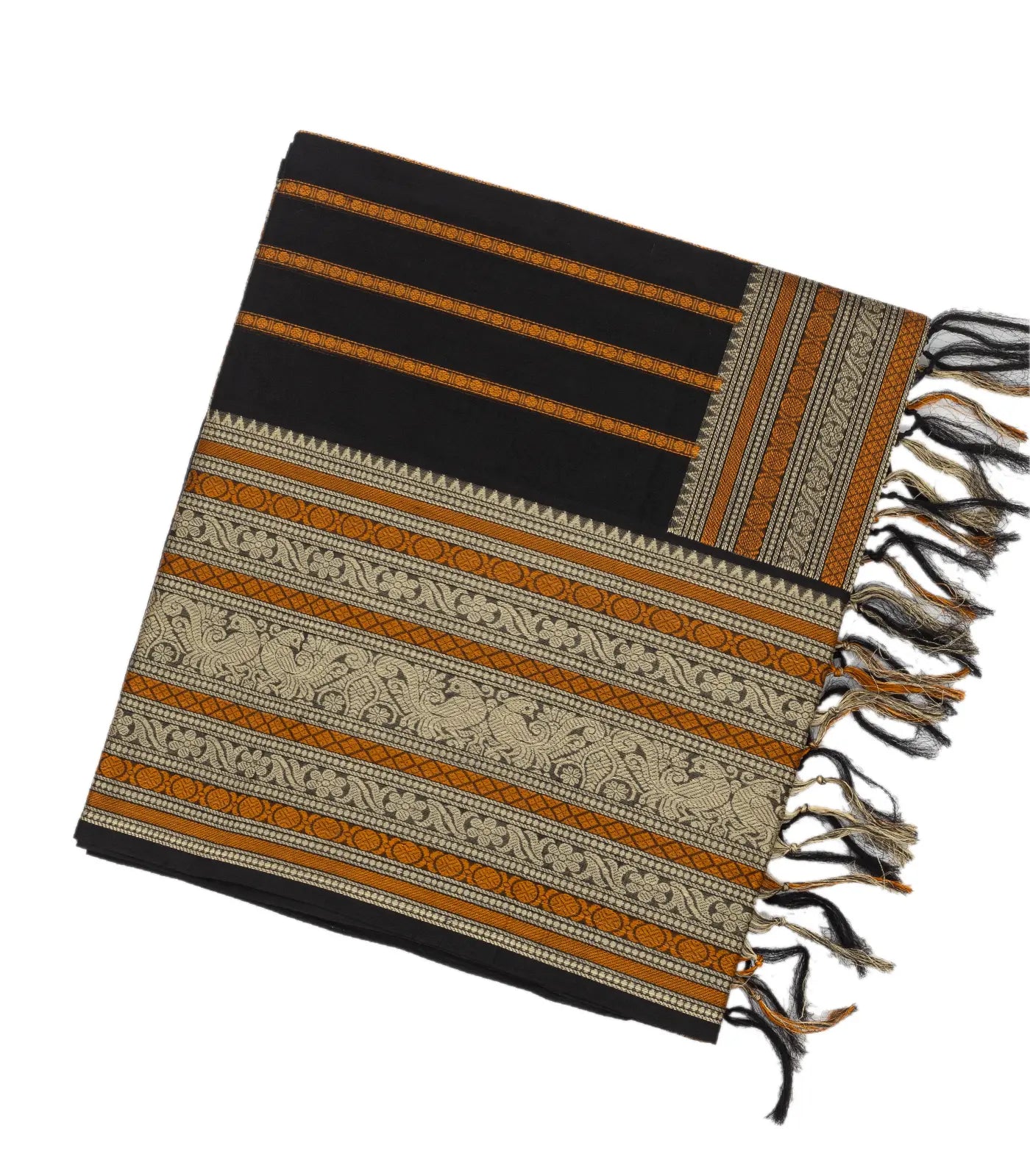 Black Handloom Silk Cotton Saree With Beldari Stripes