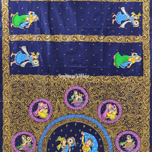 Navy Blue Nartaki Theme Hand-Painted Pattachitra Saree