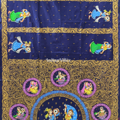 Navy Blue Nartaki Theme Hand-Painted Pattachitra Saree