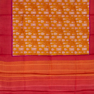 Mustard Handwoven Printed Tussar Silk Saree With Potteries Motif & Contrast Red Border-Mustard