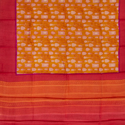 Mustard Handwoven Printed Tussar Silk Saree With Potteries Motif & Contrast Red Border-Mustard