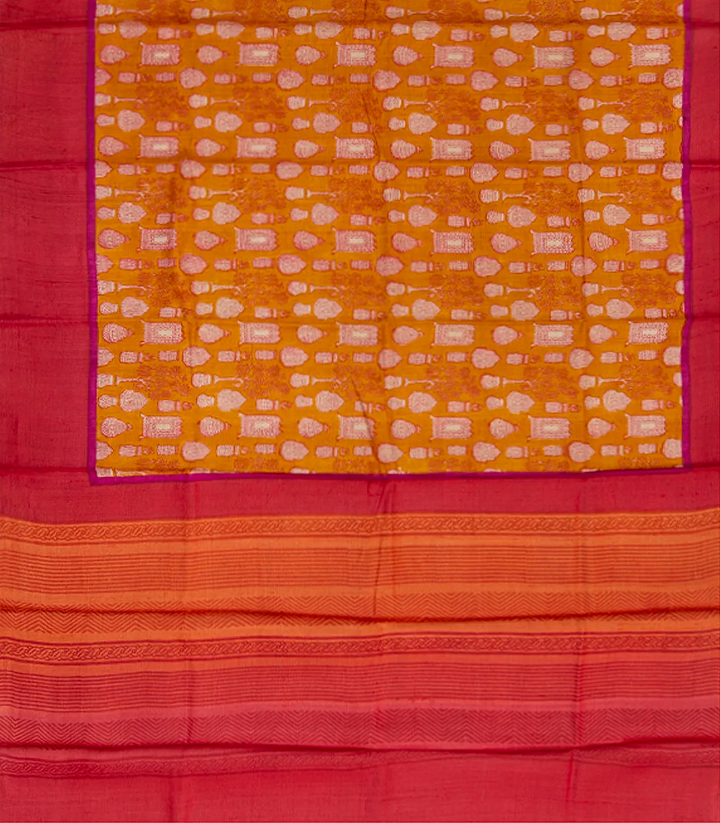Mustard Handwoven Printed Tussar Silk Saree With Potteries Motif & Contrast Red Border-Mustard