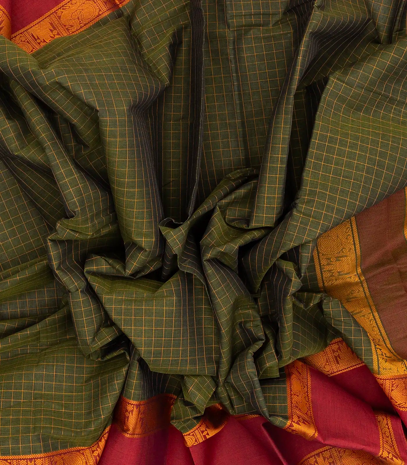Green Handloom Kanchi Cotton Saree With Crimson Border