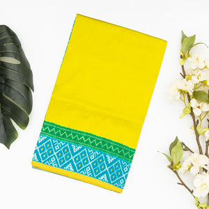 Lime Green Handloom Ikat Silk Saree With Contrast Turquoise Border