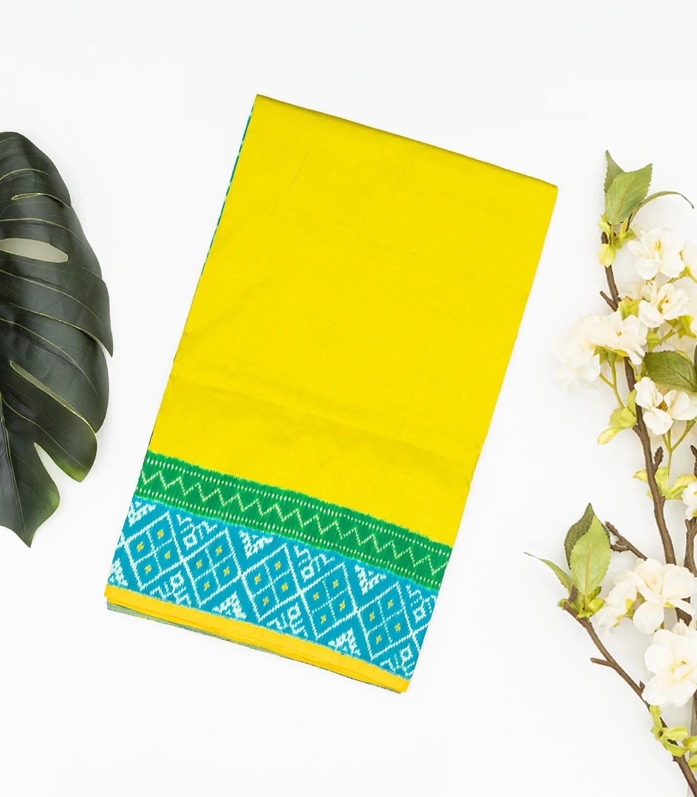 Lime Green Handloom Ikat Silk Saree With Contrast Turquoise Border