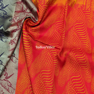 Red Orange Forest Theme Pure Kanchipuram Silk Saree