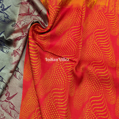 Red Orange Forest Theme Pure Kanchipuram Silk Saree