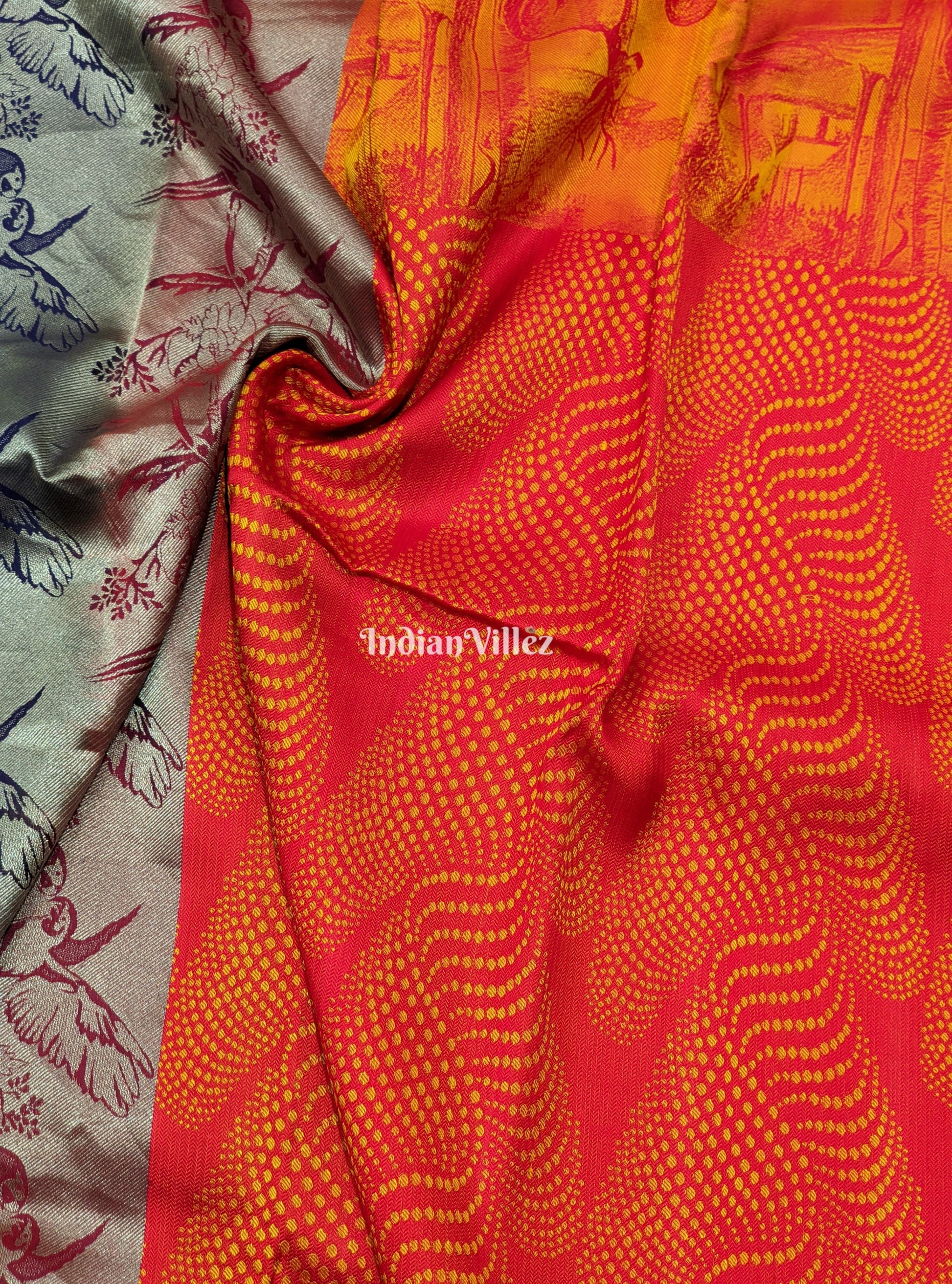 Red Orange Forest Theme Pure Kanchipuram Silk Saree