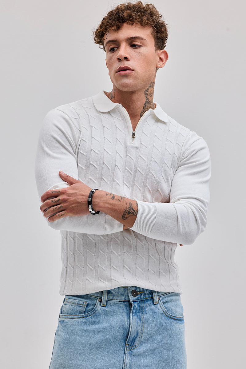 White Zipper Knitted Polo T-Shirt
