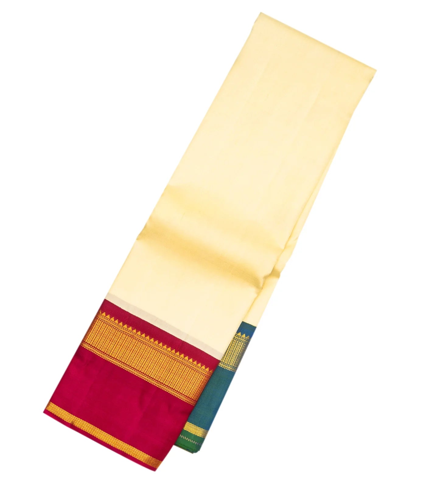 White Handloom Kanchipuram Korvai Silk Saree With Ganga Jamuna Border