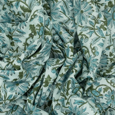 Turquoise Jaipur Cotton Saree With With Sanganeer style printed floral motifs