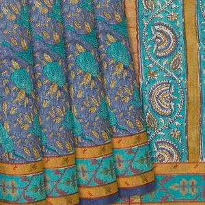 Dark Grey Woven Tussar Silk Saree Printed With Bird Motifs-Dark Grey