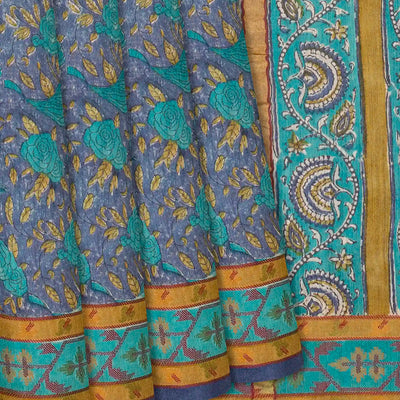 Dark Grey Woven Tussar Silk Saree Printed With Bird Motifs-Dark Grey