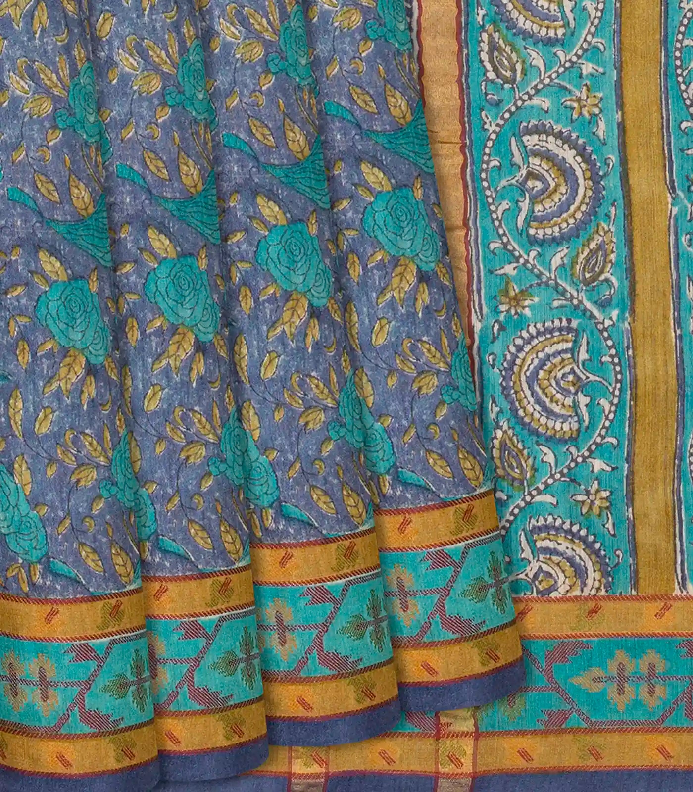 Dark Grey Woven Tussar Silk Saree Printed With Bird Motifs-Dark Grey