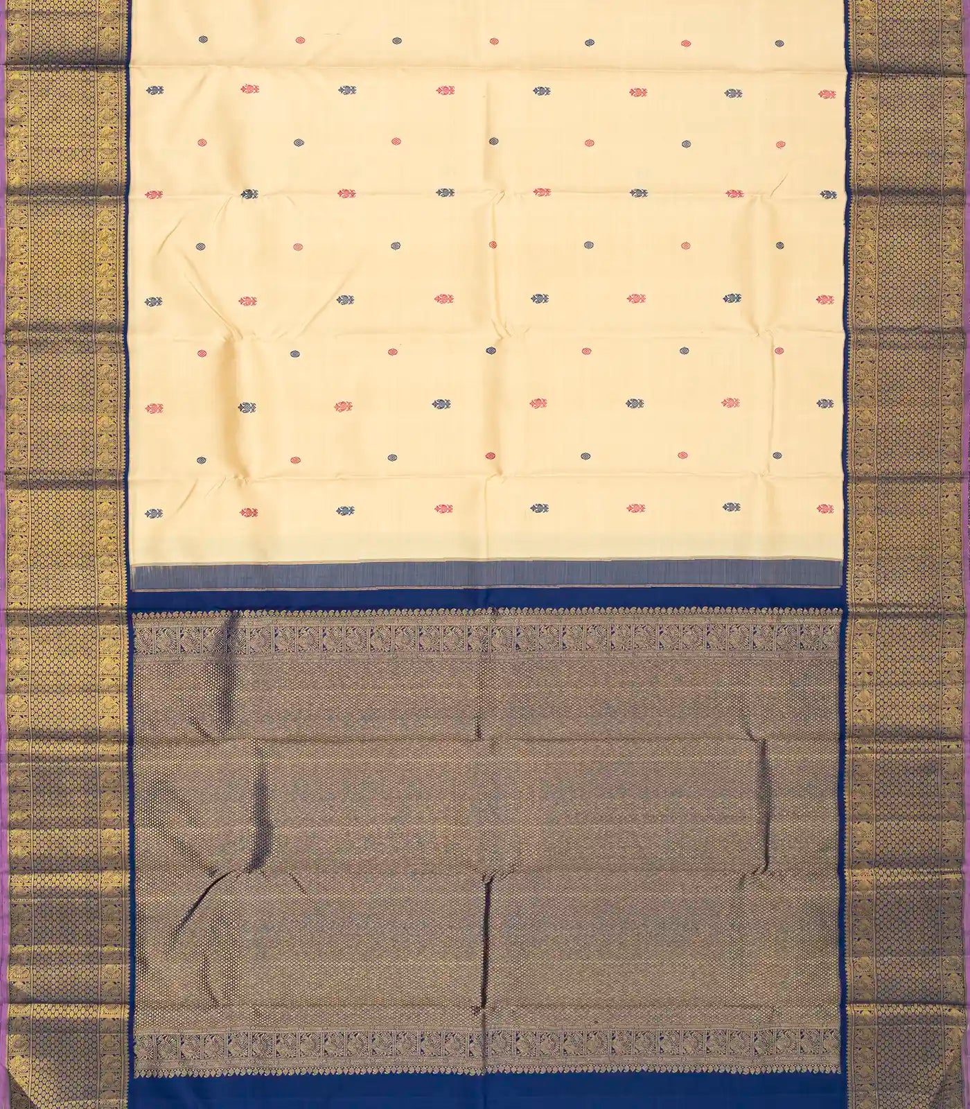 Cream Handloom Kanchipuram Korvai Silk Saree With Silk Buttas