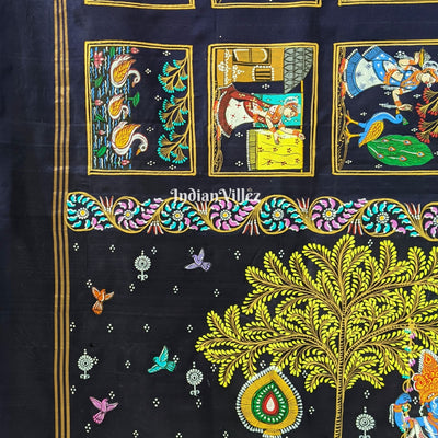 Navy Blue & Parrot Green Radha Krishna Village Theme Pattachitra Saree