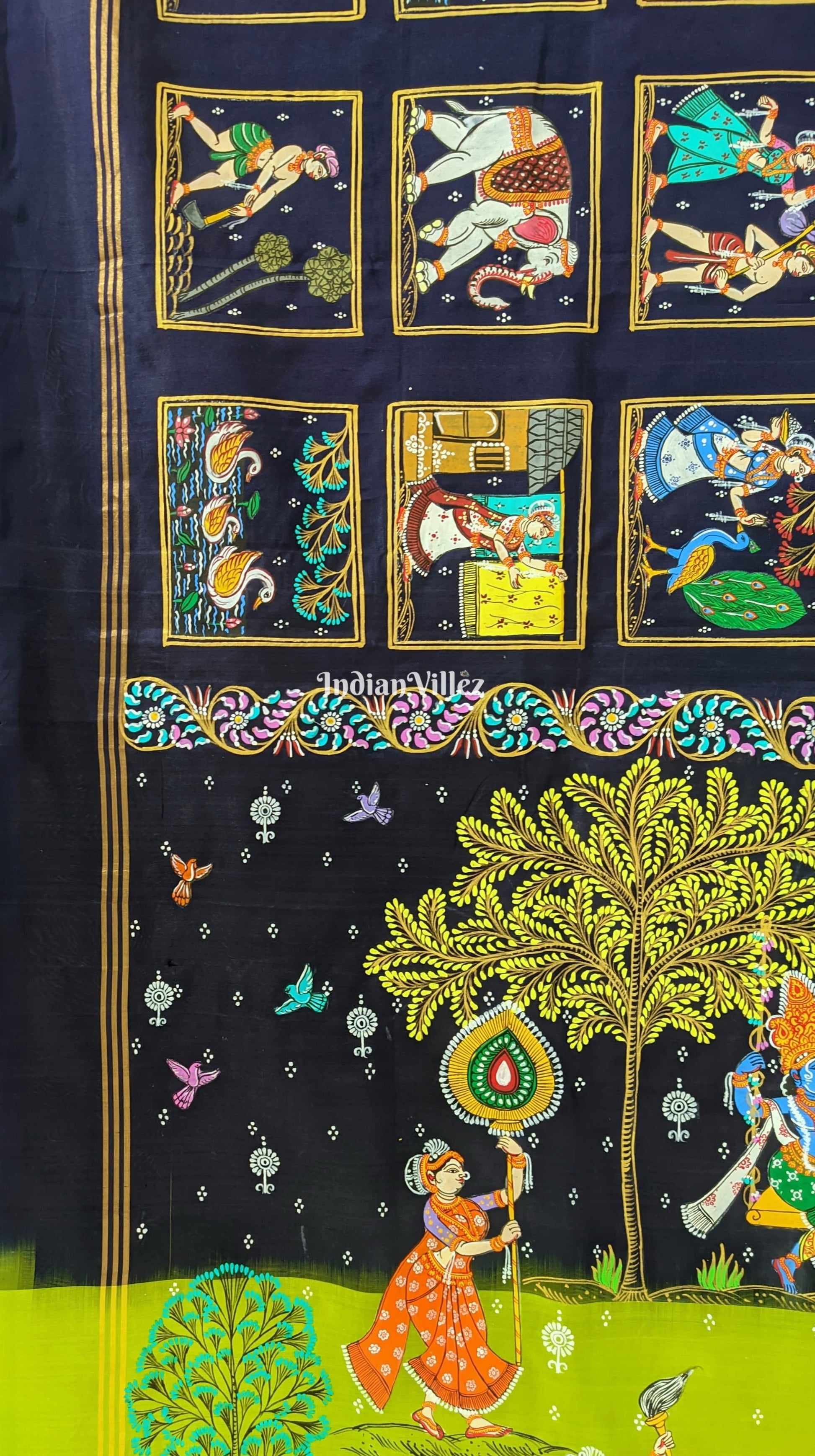 Navy Blue & Parrot Green Radha Krishna Village Theme Pattachitra Saree