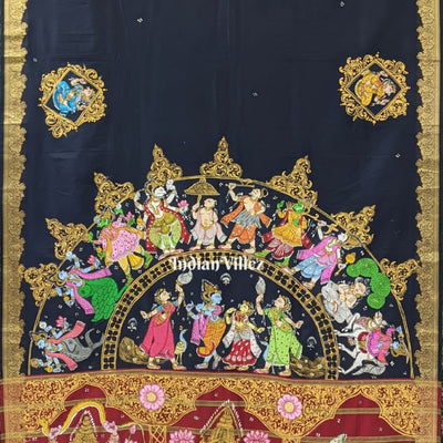 Navy Blue Odisha Pattachitra Art on Kerala Silk Saree