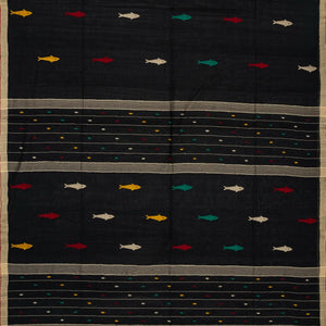 Black Handloom Bengal Cotton Saree With Fish Motifs
