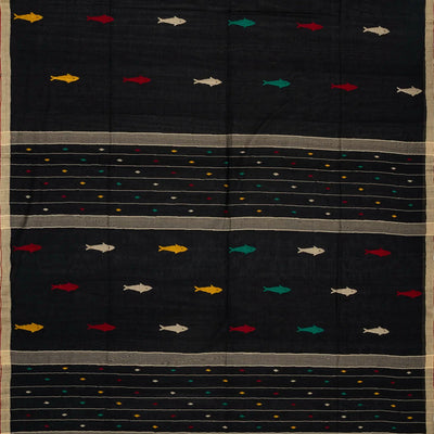 Black Handloom Bengal Cotton Saree With Fish Motifs