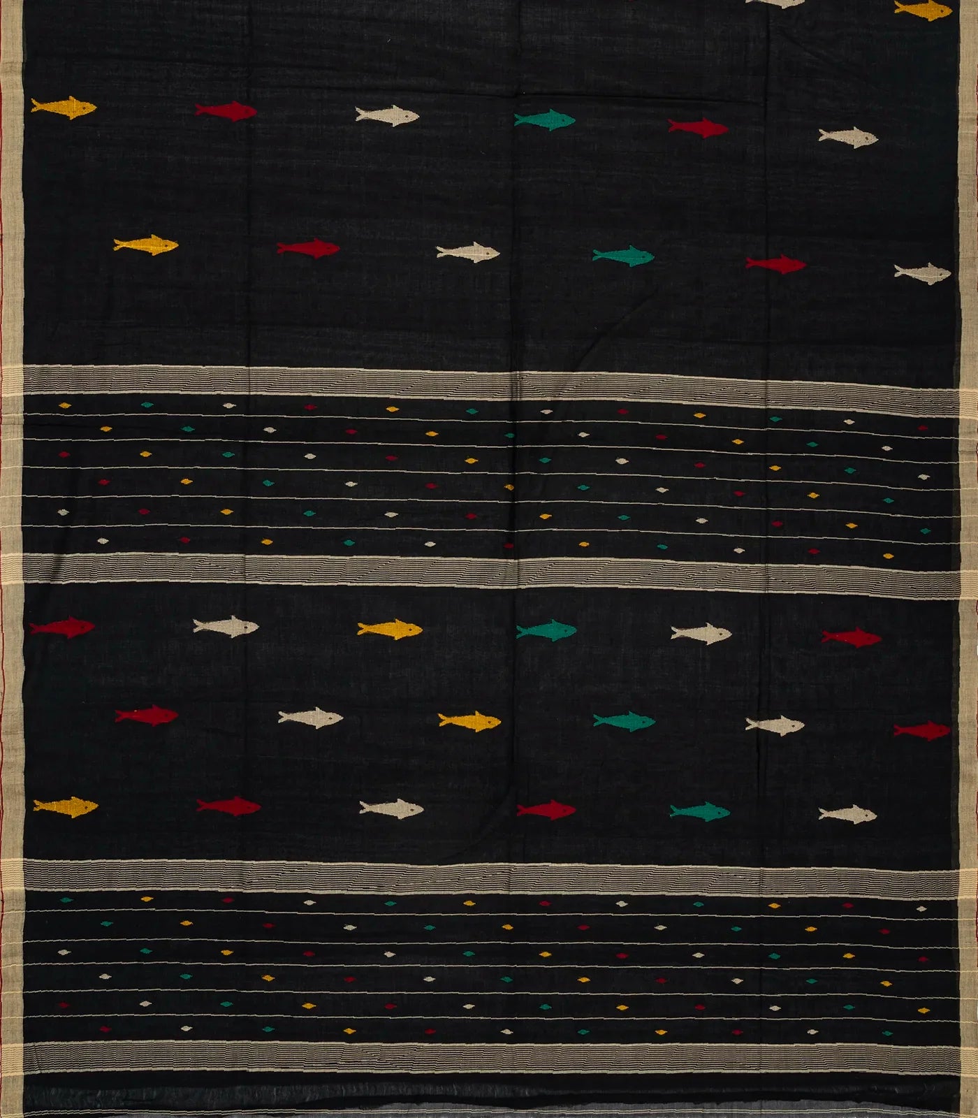 Black Handloom Bengal Cotton Saree With Fish Motifs