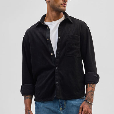Black Suede Snap Button Overshirt