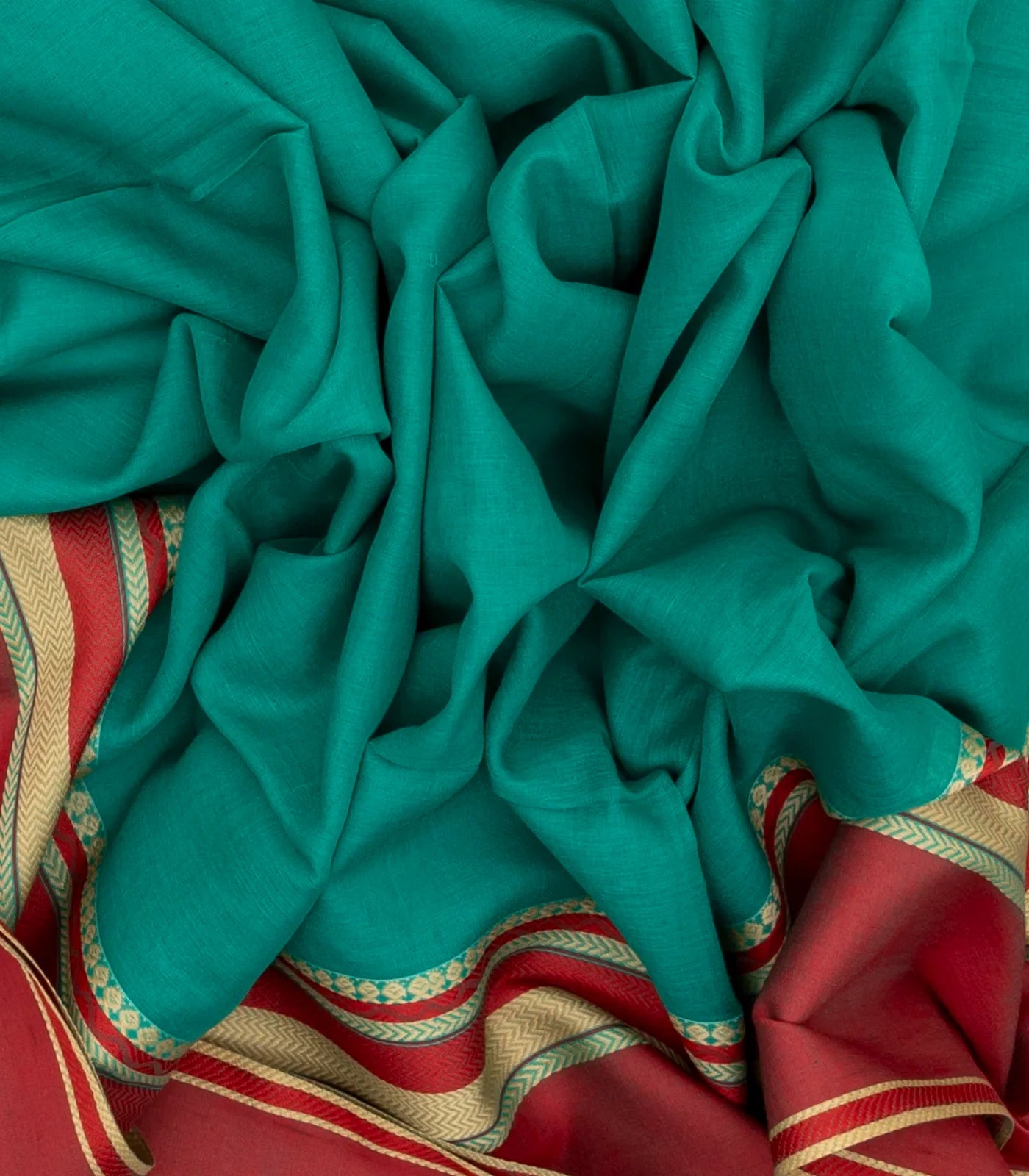 Cyan Bengal Cotton Saree With Crimson Border