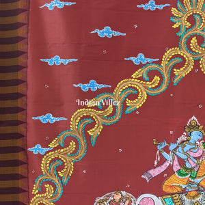Brick Red Kandarpa Hati (Elephant) Hand-Painted Pattachitra Saree