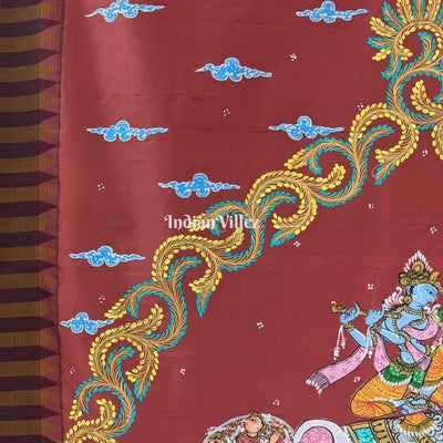Brick Red Kandarpa Hati (Elephant) Hand-Painted Pattachitra Saree