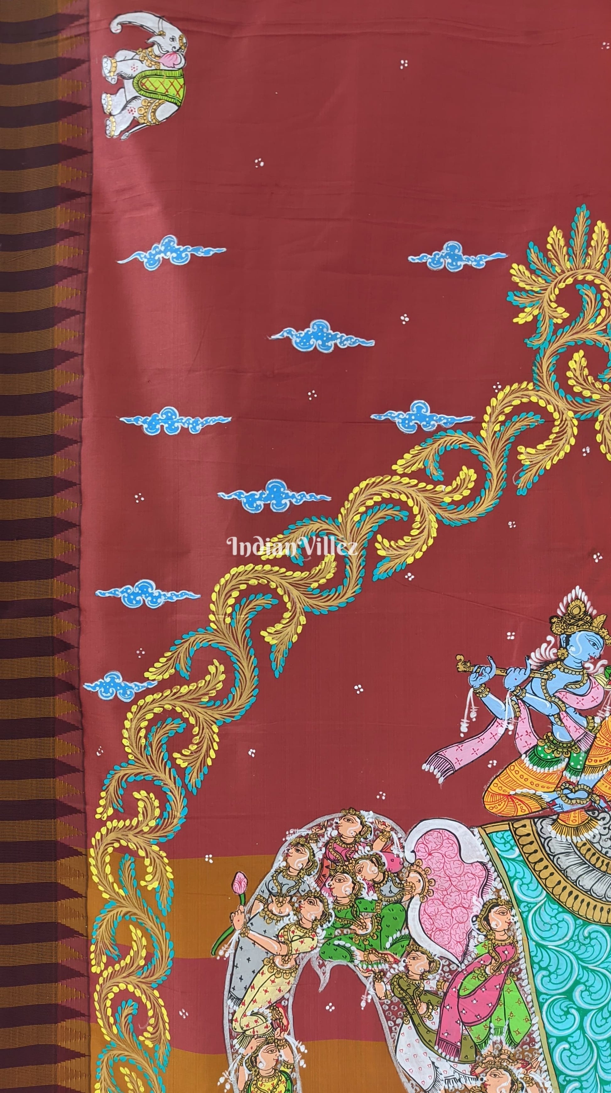 Brick Red Kandarpa Hati (Elephant) Hand-Painted Pattachitra Saree