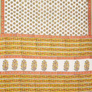 White Woven Jaipur Cotton Saree With Mustard Printed Lotus Motifs